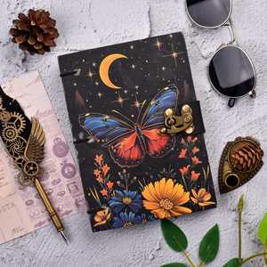 A5 Butterfly Night Sky Handmade Paper Dairy with <b>Lock</b> Closure | 100 Pages Premium <b>Diary</b> Floral Moon Design for Gift Bulk Supply - Product Image 2