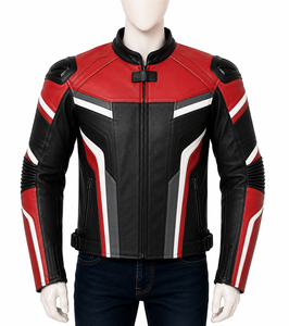 Men's Red Black Leather 220g Customized Brand <b>Motorcycle</b> <b>Jacket</b> Full Sleeve Color Blocked Windproof Racing Style <b>Summer</b> All - Product Image 1