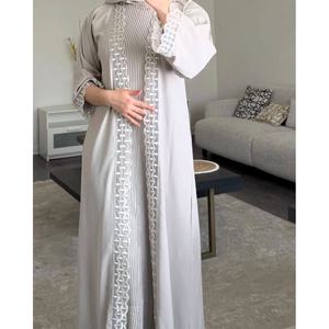 Abaya Cardigan Blanc Perlé pour Femme, Manches Longues, Longueur Ras du Sol, Robe Musulmane Modeste, Évasée, Respirante, Ouverte sur le Devant, Élégante et Luxueuse - Product Image 1