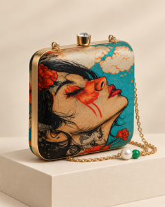 Pochette de soirée en tissu de coton imprimé artistique, doublure en satin, bandoulière chaîne, motif floral, durable, pour mariage, usage quotidien, fête - Product Image 3