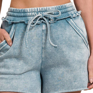 Shorts pour femmes de haute qualité, délavés à l'acide, à manches courtes, séchage rapide, respirants, en coton/polyester, personnalisables, fournisseur en gros - Product Image 4