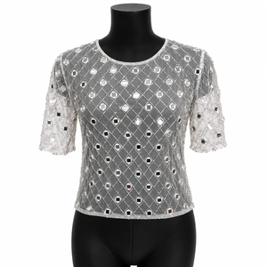 Women White <b>Mirror</b> Work Mesh Top Embellished Round Neck Half Sleeve Party Blouse Handmade Sequin Designer Evening Fashion Wear - Product Image 1