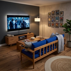 Canapé 3 places en teck massif avec coussins bleu roi, canapé de salon, canapé en bois artisanal, mobilier de salon moderne - Product Image 6