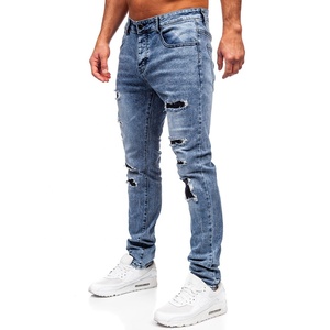 Customized Men's <b>Slim</b> Fit Pencil Pants Blue Color Ripped Jeans with Versatile Stretch Ripped <b>Patch</b> Hip Hop Style - Product Image 3