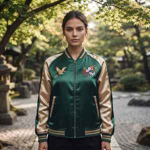 Veste Sukajan brodée japonaise personnalisée, motif floral grue en soie verte, manteau bomber souvenir, streetwear d'automne - Product Image 4