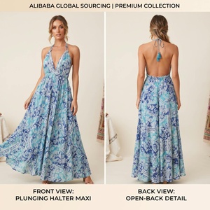 Vestido Maxi Bohemio de Verano con Estampado Floral, Cuello Halter, Escalonado, Holgado, Informal, para Mujer, Ropa de Playa - Product Image 3