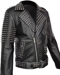 Men's Punk Style Leather Motorcycle <b>Jacket</b> With Rivets And Spikes Turn-down Collar Zipper Closure Autumn Plus Size - Product Image 3