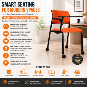 Silla de Oficina Moderna Apilable de Tela Naranja con Bandeja para Tablet y Ruedas, Silla de Escritorio para Oficina en Casa, Dormitorio o Estudio, Xeron KINSHA XE-PTW - Product Image 1