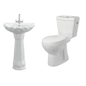 Juego de lavabo de cerámica de dos piezas para inodoro y pedestal con soporte de piso de doble descarga para uso en hoteles y exteriores - Product Image 1