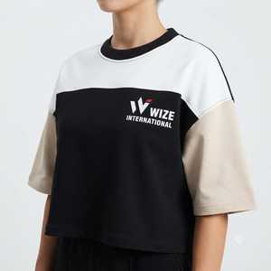 WIZE INTERNATIONAL Women's Color Block <b>Crop</b> <b>Top</b> Crew Neck Short Sleeve Casual T-Shirt Breathable Knitted 100% Cotton - Product Image 1