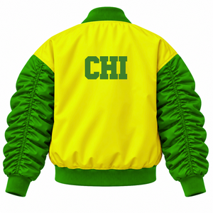 Chaqueta universitaria de mujer Chi Eta Phi Sorority con bloques de color, letras griegas, botones frontales y mangas abullonadas fruncidas, estilo bomber. - Product Image 4