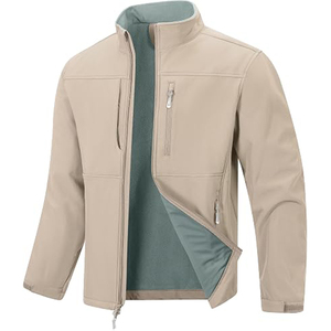Veste polaire beige pour homme, coupe-vent, fermeture éclair, couleur unie, automne, décontractée, col montant, en polyester, fabriquée au Pakistan - Product Image 1