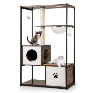 Elegante Tiragraffi per Gatti in Legno e Metallo con Capacità di 15 kg, 2 Cucce Private e 2 Piattaforme Relax, Complementa l'Arredamento della Stanza - Product Image 1
