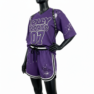 Ensemble short en jersey mesh pour femme, tissu mesh sportif en polyester de haute qualité, panneau latéral violet, logo personnalisé, ensembles pour femme 100% coton - Product Image 4