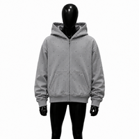 Sweat à capuche gris entièrement zippé pour homme, coupe oversize premium, style streetwear, motif à petits pois noirs, en polaire, décontracté, mode hiver automne