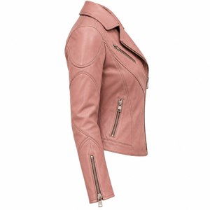 Chaqueta de Cuero Genuino de Cordero Rosa Polvoriento para Mujer, con Cremallera Diagonal, Solapa con Muescas, Ajuste Delgado, Estilo Biker - Product Image 3