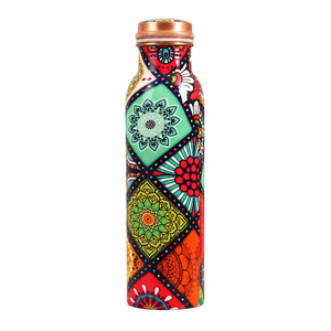 Bouteille d'eau en cuivre pur peinte à la main, design mandala coloré, anti-fuite, réutilisable, artisanat indien en cuivre - Product Image 1