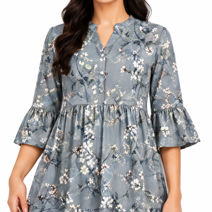 Vestido Maxi Floral Tejido para Mujer, Manga Larga, con Volantes en Capas, Botones al Frente, Casual, Elegante, Holgado, Estilo Boho, Línea A, para Club o Noche - Product Image 3