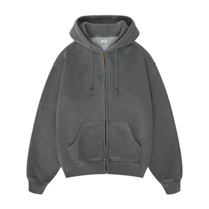 Sweat à capuche zippé surdimensionné pour hommes de qualité supérieure délavé à l'acide Logo personnalisé bouffée imprimé éponge française 100% coton hiver délavé à la pierre - Product Image 1