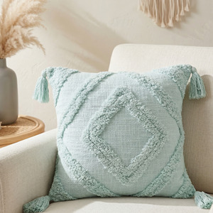 Designer Tufted Cushion Cover with Tassels Handmade Indian Cotton 16x16 Pillow Diamond Pattern Throw Pillow <b>Sofa</b> or <b>Bed</b> Decor - Product Image 4