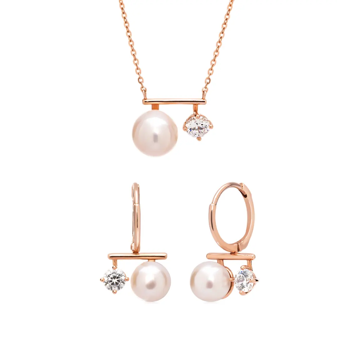 Christmas Collection 14K Solid Rose Gold With Pearl Jewelry Set Necklace And Earrings Jewelry HTJ Brand BTCC82