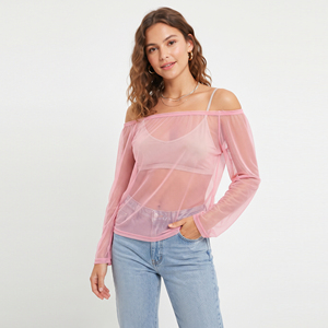 Transparent Mesh Off Shoulder Top For Women Sexy Sheer Off Shoulder Mesh Shirt Tops <b>Ladies</b> 100% Polyester <b>Summer</b> Transparent Top - Product Image 1