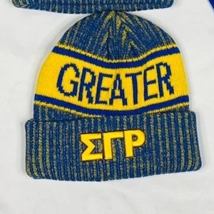 Sigma Gamma Rho <b>Scarf</b> <b>and</b> Beanie <b>Hat</b> Set Royal Blue Gold Greek Letter Winter Accessories with Knit Cuffed Pom Pom Beanie - Product Image 2