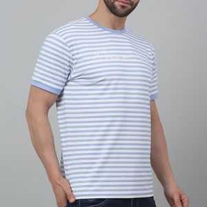 Men's Striped <b>Short</b> <b>Sleeve</b> T-Shirt O-Neck Slim Fit Casual Cotton Knitted Top Regular Length Front Logo Print - Product Image 3