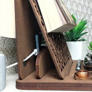 Wooden <b>Book</b> <b>Stand</b> & Bookends Cup <b>Holder</b> Reading Tray Desk Organizer Modern Art Engraved Home Office Coffee Accessory - Product Image 3