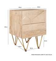 Table de chevet moderne en bois avec 2 tiroirs, incrustations dorées, pieds en métal écologiques et durables pour chambre et salon