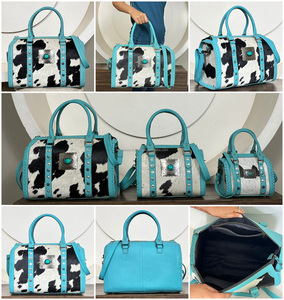 Luxury Turquoise Genuine Leather Cowhide Western Speedy <b>Bag</b> Handbag With Concho <b>Studded</b> Barrel Duffel Crossbody <b>Bag</b> for Unisex - Product Image 3