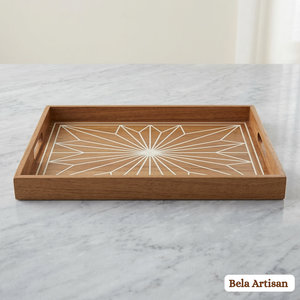 Bandeja de Servir Moderna Hecha a Mano con Incrustaciones de Madera y Patrón Geométrico para Decoración de Bodas, Ramadán y Diwali, con Asas - Product Image 1