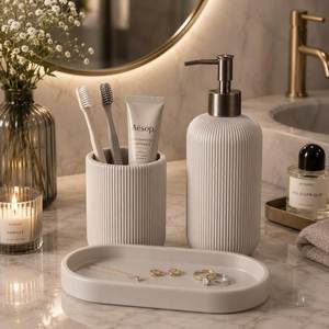 Juego de Baño Moderno de Resina Naranja con Dispensador de Jabón, Vaso, Portacepillos de Dientes y Bandeja, Cuatro Piezas Redondas, Fácil de Limpiar, Decorativo - Product Image 2