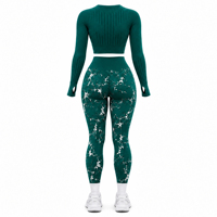 Ensemble de yoga 2 pièces pour femme : Leggings taille haute et crop top à col rond et manches longues, imprimé, en Spandex et Polyester, anti-transpiration