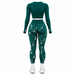 Women 2 Piece Yoga Set High Waist <b>Leggings</b> Crew Neck Long Sleeve Crop <b>Top</b> Full Length Printed Spandex Polyester Sweat-Wicking - Product Image 3