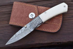 Premium Handmade Damascus Steel Folding <b>Knife</b> with Natural <b>Bone</b> <b>Handle</b> Outdoor Pocket <b>Knife</b> - Product Image 4