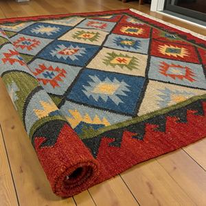 Tapis Kilim en Laine Fait Main Moderne, Motif Abstrait Palmier Tropical Rose et Vert Sarcelle, Tapis Traditionnel à Motifs Géométriques et Tribaux en Diamant - Product Image 4