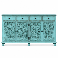 Buffet de rangement artisanal sur mesure en bois de manguier massif sculpté en forme de palmier, éco-responsable, de style traditionnel et antique, avec turquoise, 4 compartiments
