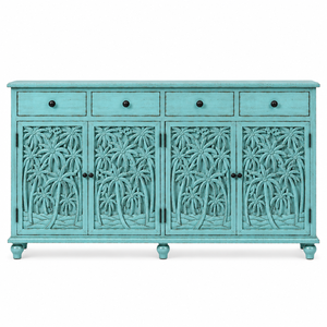 Custom Handcrafted Eco-Friendly Antique Turquoise Solid Mango Wood Palm Tree Carved <b>Sideboard</b> <b>Storage</b> Cabinet 4 Drawers 4 Doors - Product Image 2