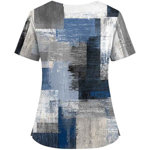 Women's Abstract Print <b>Scrub</b> <b>Top</b> Short Sleeve V-Neck Polyester Woven Hospital Uniform Blouse - Product Image 2