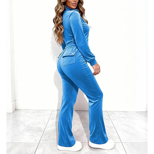 Conjunto de pantalones jogger con puños, material afelpado suave, cremallera frontal completa, dos bolsillos, cintura con cordón, top corto de terciopelo, chándal - Product Image 5