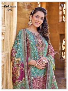 Costume en coton imprimé vert et bordeaux pour femme avec dupatta, tenue traditionnelle indienne et pakistanaise, coupe ample, longueur au sol - Product Image 3