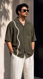 <b>Men's</b> Loose Fit <b>Short</b> <b>Sleeve</b> Turn-down Collar Button Herringbone Fabric 100% Polyester Casual <b>Black</b> Digital Printed Leaf <b>Shirt</b> - Product Image 3