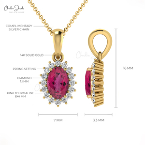 Wholesale Products Halo Pendant Oval Cut 6x4mm <b>Pink</b> Tourmaline Drop Pendant in 14k Fine Gold Diamond Custom Pendant Jewelry - Product Image 4