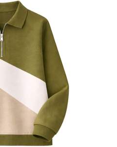 Sweat-shirt à col zippé pour femme, vert olive, beige, blanc, blocs de couleur diagonaux, en polaire, pull décontracté, chaud pour l'hiver, coupe ample - Product Image 4