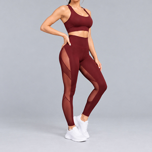 Burgundy Mesh Panel Yoga Set Women High <b>Waist</b> <b>Leggings</b> Sports Bra Breathable Two Piece Activewear Full Length Seamless Yoga Set - Product Image 2