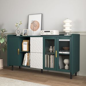 Modern 55\" Coffee Bar <b>Storage</b> Cabinet 2 Drawers 2 <b>Open</b> Compartments for Kitchen Living Room Pantry <b>Storage</b> with 2 Glass Doors - Product Image 2