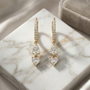 1.40 CTW Pearand Round and Heart Diamond Two-<b>Stone</b> Linear Huggie Dangle Earrings - Product Image 2