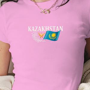 เสื้อยืดแฟชั่นสั้นสำหรับผู้หญิงคาซัคสถานพร้อมธงภาพประกอบ - Product Image 2