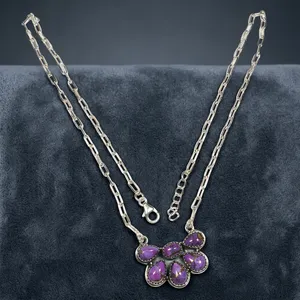 Purple <b>Copper</b> Turquoise Stone Flower Pendant Necklace 925 Sterling Silver Bohemia Style Link <b>Chain</b> Women's Everyday Wear - Product Image 4